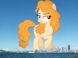 Size: 2048x1536 | Tagged: safe, artist:phucknuckl, derpibooru import, edit, editor:jaredking779, pear butter, earth pony, pony, g4, attack on pony, female, giant pony, giantess, highrise ponies, irl, lidded eyes, macro, mare, photo, ponies in real life, red eyes, seattle, solo, story included, washington (state)