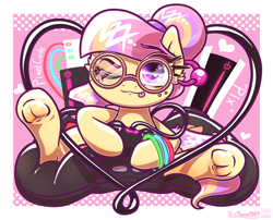 Size: 4000x3238 | Tagged: safe, artist:phoenixrk49, derpibooru import, oc, oc only, oc:pixel code, earth pony, pony, commission, controller, dexterous hooves, female, frog (hoof), glasses, high res, hoof hold, looking at you, mare, one eye closed, round glasses, sitting, solo, tongue, tongue out, traditional art, underhoof