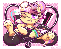 Size: 4000x3238 | Tagged: safe, alternate version, artist:phoenixrk49, derpibooru import, oc, oc only, oc:pixel code, earth pony, pony, commission, controller, dexterous hooves, female, frog (hoof), glasses, glasses off, high res, hoof hold, looking at you, mare, one eye closed, round glasses, sitting, solo, tongue, tongue out, traditional art, underhoof