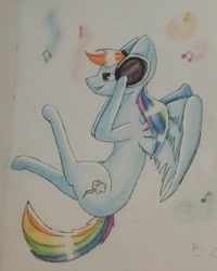 Size: 1080x1350 | Tagged: safe, artist:ahatea, derpibooru import, rainbow dash, pegasus, pony, female, grin, headphones, listening to music, mare, smiling, solo, traditional art