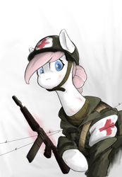 Size: 1997x2878 | Tagged: safe, artist:cirtierest, derpibooru import, nurse redheart, earth pony, pony, g4, clothes, female, gun, looking at you, military uniform, soldier, soldier pony, solo, uniform, weapon