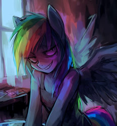Size: 917x993 | Tagged: safe, ai content, derpibooru import, machine learning generated, rainbow dash, anthro, fanfic:rainbow factory, bare shoulders, clothes, fanfic art, prompter:ashura54290, rainbow factory dash, sleeveless, solo, tanktop