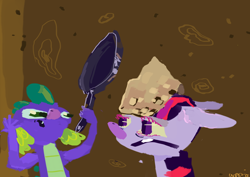 Size: 1000x707 | Tagged: safe, artist:cutebrows, derpibooru import, spike, twilight sparkle, food, frying pan, pancakes