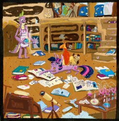 Size: 1000x1019 | Tagged: safe, artist:cutebrows, derpibooru import, owlowiscious, philomena, spike, twilight sparkle, unicorn twilight, unicorn, apron, bed, book, clothes, globe, golden oaks library, inkwell, mug, quill, telescope, test tube