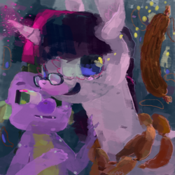 Size: 800x800 | Tagged: safe, artist:cutebrows, derpibooru import, spike, twilight sparkle, food, meat, sausage