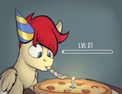 Size: 3000x2300 | Tagged: safe, artist:owloffortune, derpibooru import, oc, oc:paper cream, pegasus, pony, birthday, food, hat, party hat, pegasus oc, pizza, solo