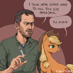 Size: 1920x1920 | Tagged: safe, artist:enemy-art, derpibooru import, applejack, earth pony, human, crossover, doctor, doctor house, halftone, house m.d., i think we're gonna have to kill this guy, meme, meme template, semi-realistic, syringe