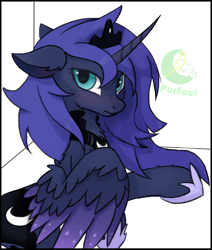 Size: 824x971 | Tagged: safe, artist:pursoul, derpibooru import, princess luna, alicorn, pony, g4, blushing, crown, cute, ear fluff, ears, female, fluffy, hoof shoes, jewelry, looking at you, lying down, mare, on side, peytral, regalia, signature, simple background, solo, spread wings, white background, wings