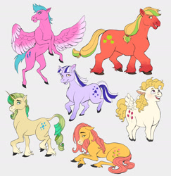 Size: 1485x1530 | Tagged: safe, artist:tuherrus, derpibooru import, applejack (g3), firefly, posey, sparkler (g1), surprise, twilight, earth pony, pegasus, pony, unicorn, g1, g3, alternate design, simple background