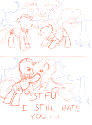 Size: 1000x1350 | Tagged: safe, artist:a6p, derpibooru import, pinkie pie, oc, earth pony, pony, unicorn, clothes, dialogue, scarf, sketch, slap, vulgar, welcome to the herd