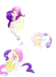 Size: 2460x3384 | Tagged: safe, artist:a6p, derpibooru import, fluttershy, rarity, human, pegasus, pony, unicorn, boop, female, flarity, high res, hug, humanized, kissing, lesbian, mare, noseboop, self paradox, self ponidox, shipping, simple background, sitting, white background