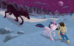 Size: 1280x806 | Tagged: safe, artist:cutebrows, derpibooru import, doctor whooves, twilight sparkle, unicorn twilight, unicorn, doctor who, forest, moon, nature, night, running, shooting star, sonic screwdriver, stars, tardis, tree