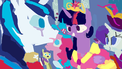 Size: 800x455 | Tagged: safe, artist:cutebrows, derpibooru import, pinkie pie, rarity, shining armor, twilight sparkle, twilight sparkle (alicorn), alicorn, big crown thingy, clothes, coronation dress, dress, element of magic, jewelry, regalia