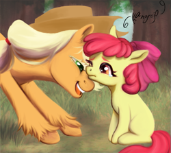 Size: 509x455 | Tagged: safe, artist:kangrejo, derpibooru import, apple bloom, applejack, earth pony, pony, apple sisters, crying, female, filly, foal, grass, mare, nuzzling, one eye closed, siblings, sisters, sitting, tree, unshorn fetlocks