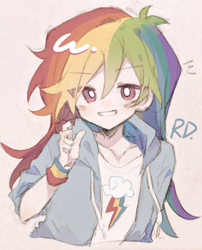 Size: 1986x2458 | Tagged: safe, artist:benyingxinruhuai, derpibooru import, rainbow dash, human, clothes, cute, female, humanized, jacket, smiling, solo