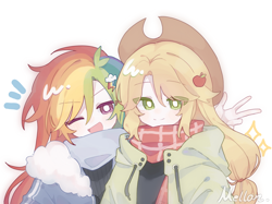 Size: 3000x2239 | Tagged: safe, artist:benyingxinruhuai, derpibooru import, applejack, rainbow dash, human, appledash, clothes, cute, female, hair ornament, humanized, jacket, lesbian, multicolored hair, one eye closed, open mouth, open smile, rainbow hair, shipping, smiling, wink