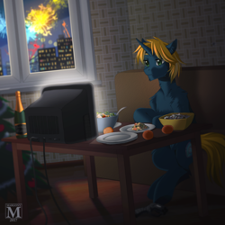 Size: 1200x1200 | Tagged: safe, artist:margony, derpibooru import, oc, oc only, pony, bottle, christmas, christmas tree, city, cityscape, eating, fireworks, food, holiday, sofa, solo, television, tree, window, wine bottle