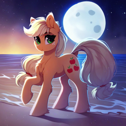 Size: 918x918 | Tagged: safe, ai content, derpibooru import, generator:purplesmart.ai, generator:stable diffusion, machine learning assisted, machine learning generated, applejack, earth pony, pony, g4, beautiful, cute, detailed hair, ear fluff, ears, fluffy, green eyes, looking at you, moon, night, ocean, prompter:saltyvity, raised hoof, raised leg, smiling, smiling at you, solo, sparkles, stars, water, yellow mane