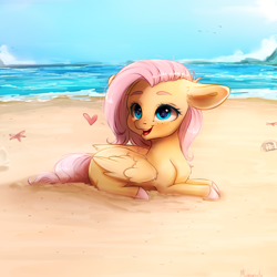 Size: 4000x4000 | Tagged: safe, artist:miokomata, derpibooru import, fluttershy, pegasus, pony, g4, absurd resolution, beach, cute, daaaaaaaaaaaw, ears, female, filly, filly fluttershy, floppy ears, foal, freckles, freckleshy, head turn, lying down, lying on the ground, ocean, on ground, open mouth, open smile, prone, sand, shyabetes, smiling, solo, water, younger