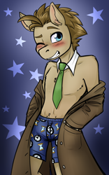 Size: 958x1536 | Tagged: safe, artist:jitterbugjive, derpibooru import, doctor whooves, anthro, g4, blushing, boxers, clothes, coat, looking at you, male, necktie, nudity, one eye closed, palindrome get, partial nudity, stallion, stripping, topless, underwear, undressing, wink