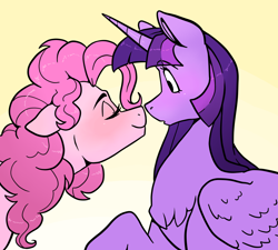 Size: 1446x1299 | Tagged: safe, artist:smirk, derpibooru import, pinkie pie, twilight sparkle, twilight sparkle (alicorn), alicorn, earth pony, g4, blushing, cute, ears, eyes closed, female, floppy ears, gradient background, lesbian, nuzzling, shipping, simple background, surprised, twinkie, yellow background