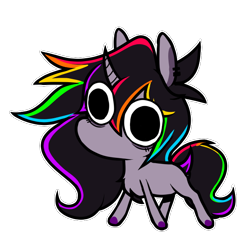 Size: 700x700 | Tagged: safe, artist:woofpoods, derpibooru import, oc, oc only, oc:strobestress, unicorn, bags under eyes, big eyes, chest fluff, chibi, derp, ear piercing, earring, fluffy, hooves, horn, jewelry, meme, multicolored hair, piercing, purple fur, rainbow hair, simple background, solo, transparent background, unicorn oc