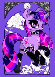 Size: 1448x2048 | Tagged: safe, artist:stacy_165cut, derpibooru import, twilight sparkle, unicorn twilight, pony, unicorn, g4, belt, clothes, collar, female, garter belt, latex, latex socks, mare, socks, solo