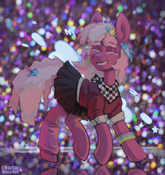 Size: 3000x3168 | Tagged: safe, artist:crashbrush, derpibooru import, cheerilee, earth pony, pony, g4, 80s, 80s cheerilee, accessory, badge, bandana, bracelet, braces, clothes, ear piercing, earring, eyes closed, eyeshadow, female, glitter, hairpin, high res, jewelry, makeup, mare, piercing, pink mane, school uniform, skirt, smiling, solo, two toned mane, white eyelashes, wristband