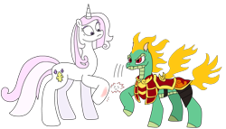 Size: 3123x1788 | Tagged: safe, artist:supahdonarudo, derpibooru import, fleur-de-lis, tianhuo, dragon, hybrid, longma, unicorn, them's fightin' herds, angry, armor, community related, mane of fire, shocked, shocked expression, simple background, slap, transparent background