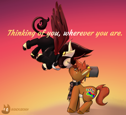 Size: 4299x3915 | Tagged: safe, artist:jackudoggy, derpibooru import, oc, oc only, oc:dokko, oc:hilda, alicorn, earth pony, pony, clothes, crying, cutie mark, female, gradient background, hat, horn, kissing, male, mare, multiple horns, pony town, sad kiss, scarf, shipping, stallion, straight, striped scarf, suit, sunset, text