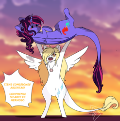 Size: 4000x4050 | Tagged: safe, artist:krissstudios, derpibooru import, oc, oc only, oc:sally lovely, oc:shamy, alicorn, pegasus, pony, belly, bipedal, duo, female, holding a pony, holding up, leonine tail, mare, spanish, sunset, tail, translation request