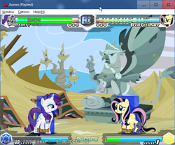 Size: 642x535 | Tagged: safe, derpibooru import, angel bunny, fluttershy, king grover, rarity, pegasus, pony, rabbit, unicorn, fighting is magic, g4, animal, emoshy, female, fighting is magic aurora, game screencap, griffonstone, male, mare, statue, trio