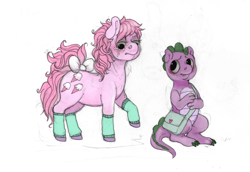 Size: 1000x689 | Tagged: safe, artist:ptg, derpibooru import, spike (g1), dragon, pony, g1, my little pony: the movie (g1), baby lickety-split, bag, bow, clothes, crying, duo, duo male and female, female, filly, foal, frown, i'll go it alone, leg warmers, lidded eyes, looking back, looking down, male, raised hoof, raised leg, sad, simple background, sitting, tail, tail bow, traditional art, white background