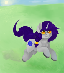 Size: 954x1100 | Tagged: safe, artist:ptg, derpibooru import, oc, oc only, oc:masumoto, pony, unicorn, grass, grass field, horn, male, outdoors, running, solo, stallion, tail, unicorn oc, unshorn fetlocks