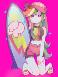 Size: 1500x2000 | Tagged: safe, artist:xinjinjumin3316237, derpibooru import, rainbow dash, human, equestria girls, g4, cap, clothes, feet, hat, humanized, kneeling, magenta background, sandals, shorts, simple background, solo, surfboard, swimsuit