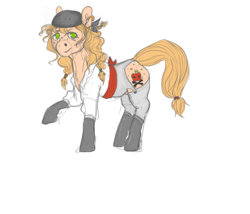 Size: 1000x856 | Tagged: safe, artist:ptg, derpibooru import, oc, oc only, oc:black apple cider, pony, bandana, boots, butt freckles, clothes, ear piercing, earring, female, freckles, jewelry, looking at you, mare, pants, piercing, raised hoof, raised leg, shirt, shoes, simple background, smiling, solo, tail, white background