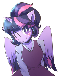 Size: 855x1094 | Tagged: artist needed, source needed, safe, derpibooru import, twilight sparkle, alicorn, anthro, g4, clothes, cute, cutie mark, dress, eye clipping through hair, facial markings, female, one eye closed, ponytail, simple background, sitting, smiling, solo, transparent background, twiabetes, wink