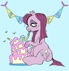 Size: 547x562 | Tagged: safe, artist:maretriarch, derpibooru import, pinkie pie, earth pony, fly, insect, pony, g4, bags under eyes, blue background, cake, ear piercing, earring, female, food, frown, jewelry, looking back, mare, onomatopoeia, party horn, piercing, pinkamena diane pie, sad, short tail, simple background, sitting, solo, tail, text