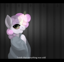 Size: 1280x1237 | Tagged: safe, artist:ptg, derpibooru import, sweetie belle, pony, unicorn, g4, blanket, caption, female, filly, foal, glowing, glowing horn, horn, looking at you, magic, magic aura, sad, solo, text