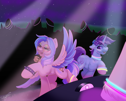 Size: 2500x2000 | Tagged: safe, artist:skyboundsiren, derpibooru import, dj pon-3, vinyl scratch, oc, oc:haven sympony, oc:lumin light, pegasus, pony, unicorn, commission, concert, dancing, duo, flower, flower in hair, glasses, glowstick, male, night, night sky, offscreen character, rave, sky, smiling