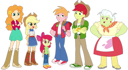 Size: 10000x5536 | Tagged: safe, artist:octosquish7260, derpibooru import, apple bloom, applejack, big macintosh, bright mac, granny smith, pear butter, equestria girls, g4, apple family, belt, boots, clothes, cowboy boots, cowboy hat, denim, equestria girls-ified, female, hat, high heel boots, jacket, jeans, male, pants, shirt, shoes, simple background, skirt, transparent background, vest