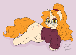 Size: 1500x1100 | Tagged: safe, artist:jessijinx, oc, oc:golden jubilee, unicorn, /mlp/, 4chan, belly button, clothes, comfy, cutie mark, eyeliner, eyeshadow, glasses, golden eyes, hairband, horn, makeup, milf, neet, orange mane, sewing needle, solo, sweater, thunder thighs