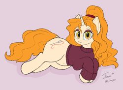 Size: 1500x1100 | Tagged: safe, artist:jessijinx, oc, oc:golden jubilee, unicorn, /mlp/, 4chan, belly button, clothes, comfy, cutie mark, eyeliner, eyeshadow, golden eyes, hairband, horn, makeup, milf, neet, orange mane, sewing needle, solo, sweater, thunder thighs