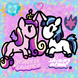 Size: 1000x1000 | Tagged: safe, artist:mintwhistle, derpibooru import, princess cadance, shining armor, alicorn, pony, unicorn, g4, abstract background, colored hooves, colored wings, crown, cutie mark, duo, duo male and female, eyelashes, female, gradient wings, heart, horn, horns are touching, jewelry, love, male, mare, medibang paint, multicolored mane, multicolored tail, no mouth, regalia, shiningcadance, shipping, stallion, straight, style emulation, tail, tokidoki, unicorno, wings