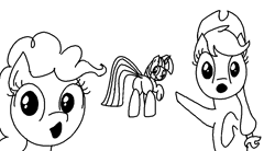 Size: 1000x550 | Tagged: safe, artist:purblehoers, derpibooru import, applejack, pinkie pie, twilight sparkle, earth pony, pony, unicorn, g4, black and white, butt, grayscale, looking at you, meme, monochrome, ms paint, no eyelashes, open mouth, plot, pointing, simple background, soyjak, soyjaks pointing, twibutt, white background, wojak