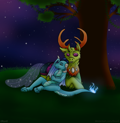 Size: 1024x1044 | Tagged: safe, artist:0ron0, derpibooru import, princess ember, thorax, changedling, changeling, dragon, g4, dragoness, embrax, female, interspecies, male, night, shipping, stars, straight, tree