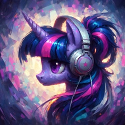 Size: 2048x2048 | Tagged: safe, ai content, derpibooru import, generator:bing image creator, generator:dall-e 3, machine learning generated, twilight sparkle, pony, g4, bust, female, headphones, mare, ponytail, prompter:enterusxrname, solo