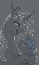 Size: 585x961 | Tagged: safe, artist:stray prey, derpibooru import, oc, oc only, oc:lucent, oc:sinfonie, pony, unicorn, blushing, curved horn, female, gray background, horn, horns, imminent vore, kitchen eyes, larger female, licking, licking lips, long mane, longmoran, male, neckerchief, simple background, size difference, smaller male, sternocleidomastoid, tongue, tongue out, unicorn oc