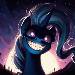 Size: 1024x1024 | Tagged: safe, ai content, derpibooru import, generator:bing image creator, generator:dall-e 3, machine learning generated, trixie, pony, unicorn, g4, bust, faic, full moon, moon, night, ominous, outdoors, prompter:enterusxrname, solo, stars, teeth