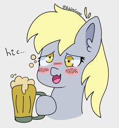 Size: 1486x1595 | Tagged: safe, artist:bubblegooey, derpibooru import, derpy hooves, g4, alcohol, beer, blush lines, blush sticker, blushing, bubble, bust, cider, cute, derp, derpabetes, drunk, ear fluff, ears, female, hiccup, holding, mare, portrait, solo, text